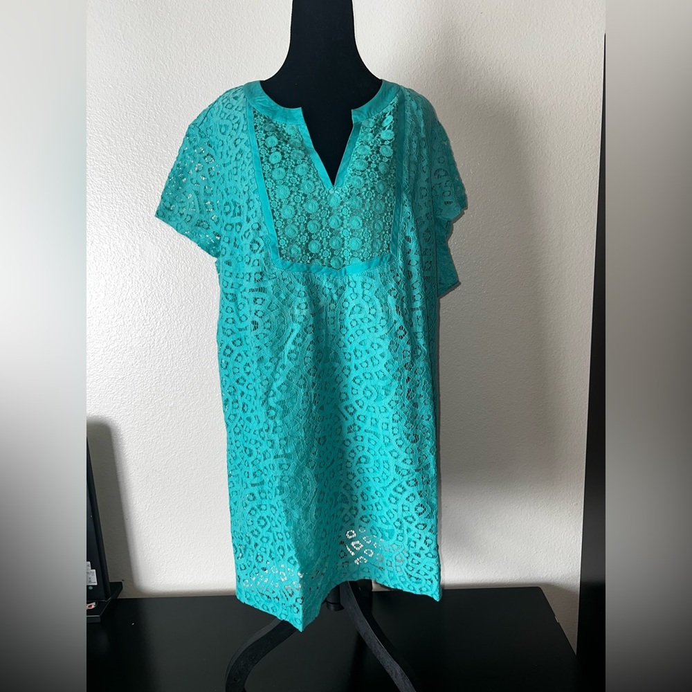 Isaac Mizrahi Mixed Aqua Lace Lined Tunic Vneck Blouse 3X